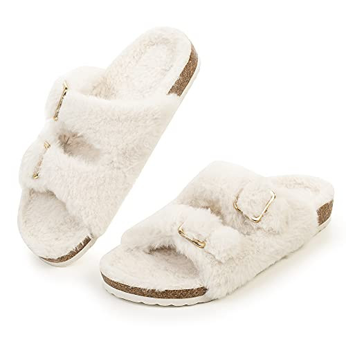 FITORY Womens Open Toe Slipper with Cozy Lining,Faux Rabbit Fur Cork Slide Sandals Size 6-11 | Amazon (US)
