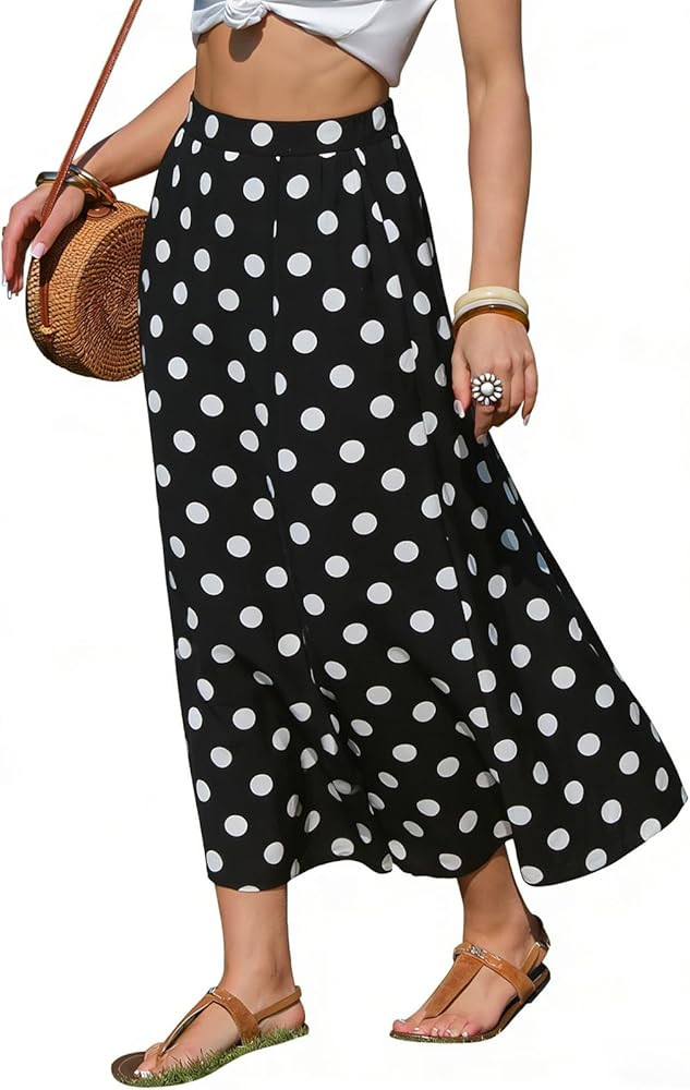 EXLURA Womens High Waist Polka Dot Pleated Maxi Long Skirt Floral Midi Swing Skirt Boho Beach Vac... | Amazon (US)
