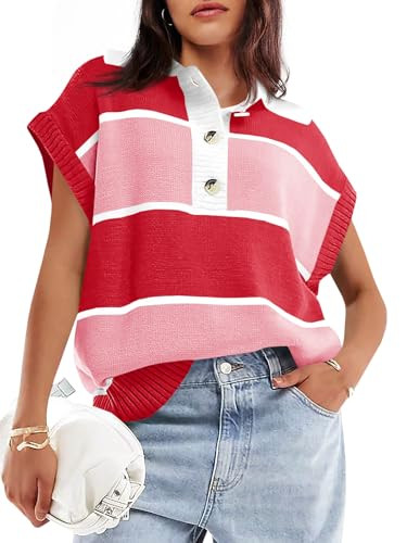 Saodimallsu Women's V Neck Button Down Striped Short Sleeve Knit Sweater | Amazon (US)