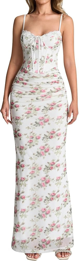 KUTUMAI Vintage Lace Corset Floral Maxi Long Dress Bodycon Ruched Tie Formal Wedding Guest Dresse... | Amazon (US)
