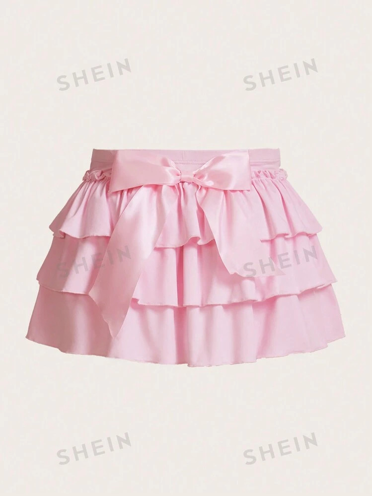 SHEIN ICON Plus Size Sweet Bow Decoration Multi-Layered Hem Mini Cake Skirt, Summer | SHEIN