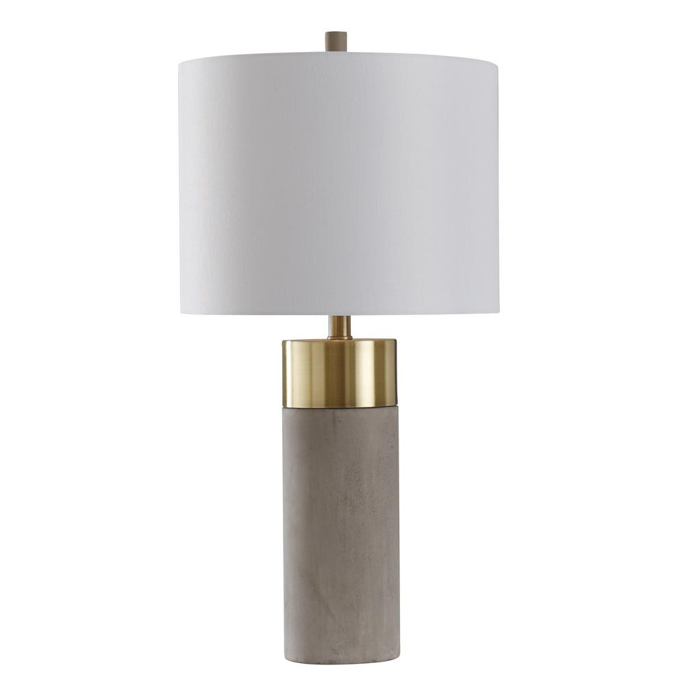 StyleCraft 27.75 in. Soft Brass/Natural Concrete Table Lamp with Brussels White Hardback Fabric S... | The Home Depot