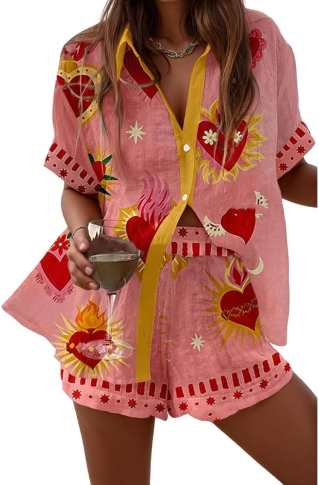 Women's Vacation Beach Two Piece Outfits Casual Floral Button Down Shirt Tops and Drawstring Shor... | Amazon (US)