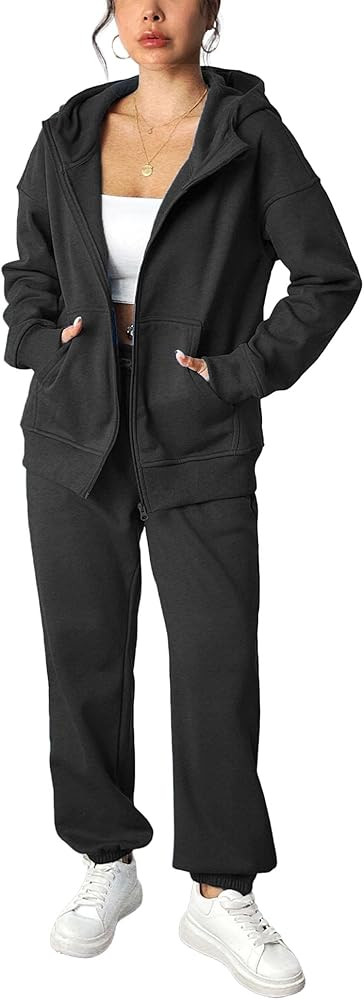 PINSPARK 2 Piece Sets for Women Fleece Sweatsuits Zip Up Hoodie Sweatshirts Drawstring Jogger Swe... | Amazon (US)