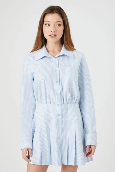 Pleated Pinstriped Poplin Mini Dress | Forever 21