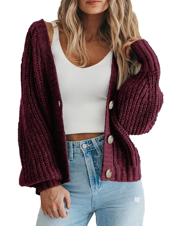 PRETTYGARDEN Women's Chunky Knit Open Front Sweater Long Sleeve Button Loose Short Cardigan Outer... | Amazon (US)