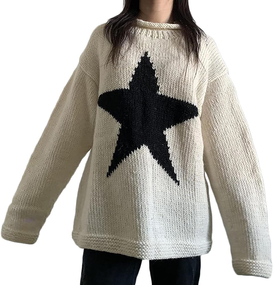 Womens Star Graphic Sweater Crewneck Long Sleeve Knit Pullover Shirt Tops Sweaters | Amazon (US)
