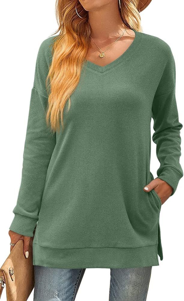 Sweatshirt for Women Long Sleeve V-Neck Sweater Side Split Hem Casual Tunic Tops | Amazon (US)