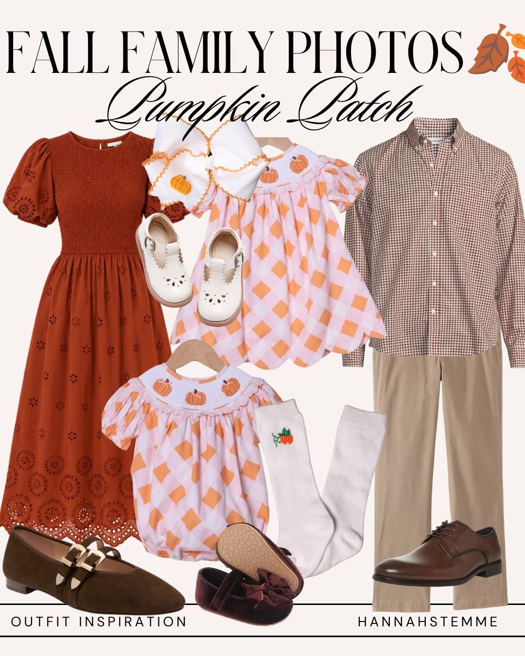 Pumpkin Patch Family Outfit Ideas 🎃🍂

Planning pumpkin patch family photos? This orange, brown, cream and khaki color palette gives you all the fall vibes while still looking polished enough for professional family pictures.

Mom gets a gorgeous rust-orange eyelet dress, dad can wear a brown gingham shirt with khaki pants, and the girls coordinate in pumpkin smocked outfits with bows, knee socks and Mary Janes.

These would also be adorable for October family photos, Thanksgiving pictures or fall family mini sessions.

Shop the full pumpkin patch family photo outfit below!

Search terms: pumpkin patch family outfits, pumpkin patch family photo outfits, orange family photo outfits, fall family pictures with kids, October family picture outfits, Thanksgiving family photo outfits