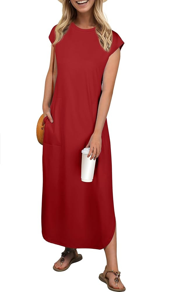 HiMONE Beach Vacation Dresses for Women 2025 Sundress Cap Sleeves Casual Maxi Beach Dress with Po... | Amazon (US)