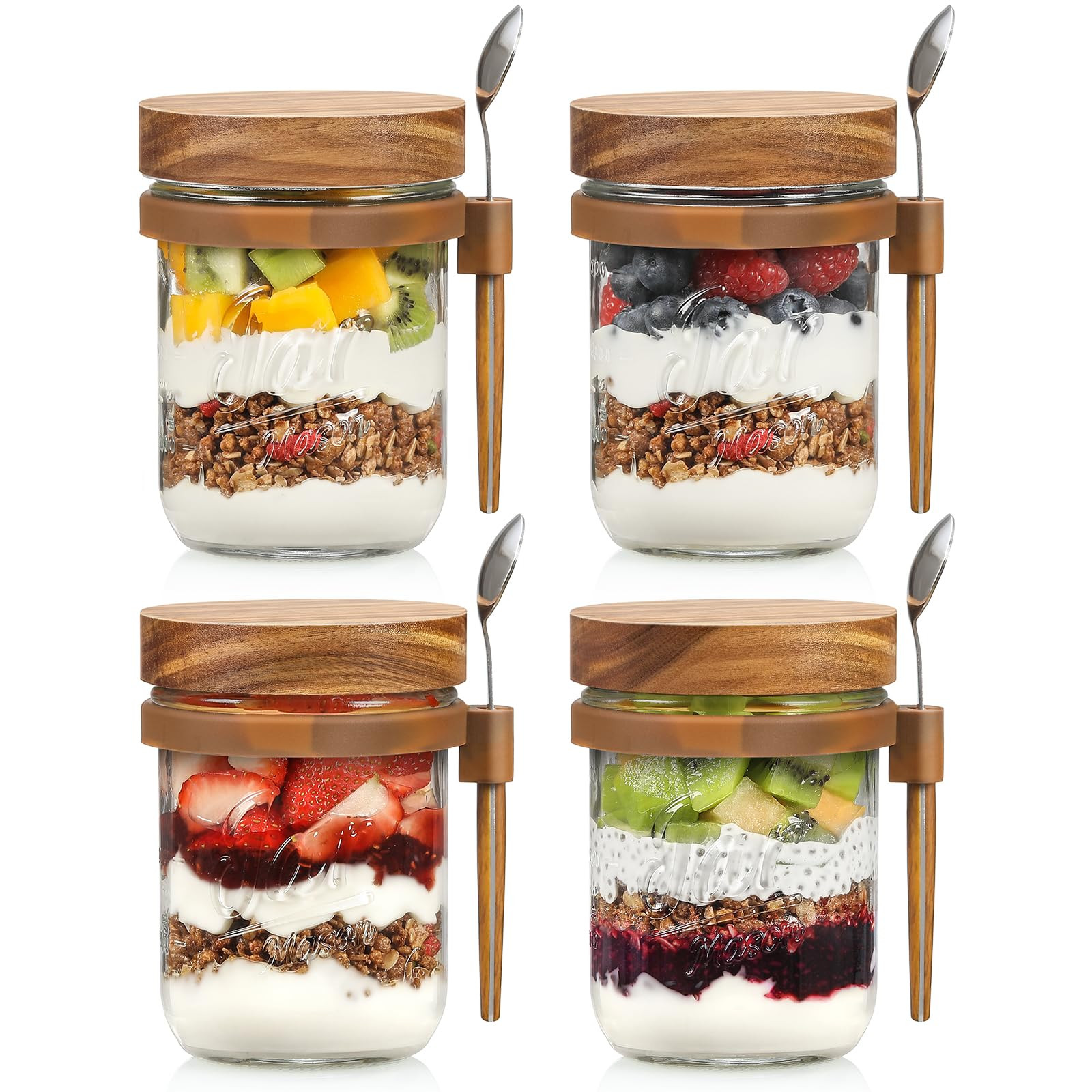 4 Pack Overnight Oats Containers with Wooden Lids and Spoons, 16oz Glass Mason Overnight Oats Jar... | Amazon (US)