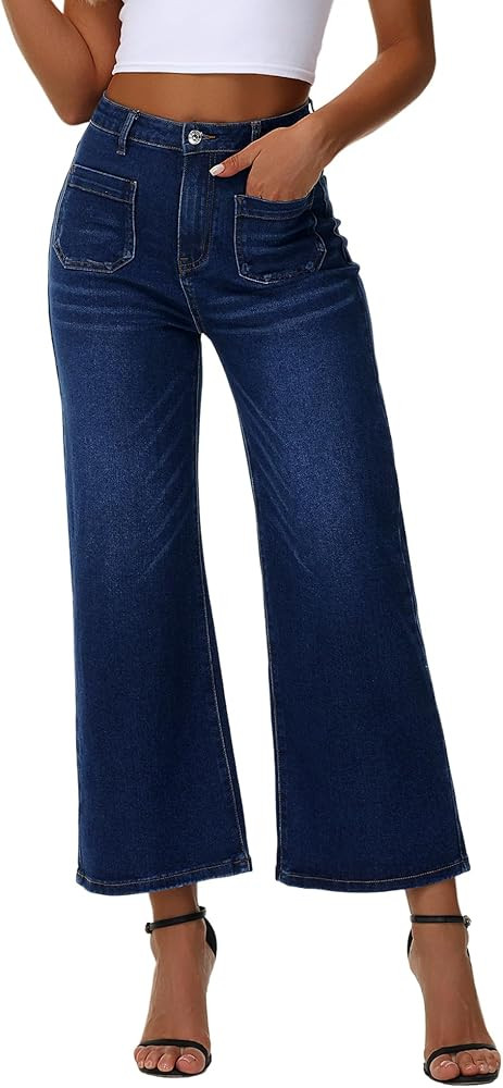 Genleck Women's Wide Leg Jeans – Cropped High Waisted Trendy Front Pockets Jeans Stretchy Capri... | Amazon (US)