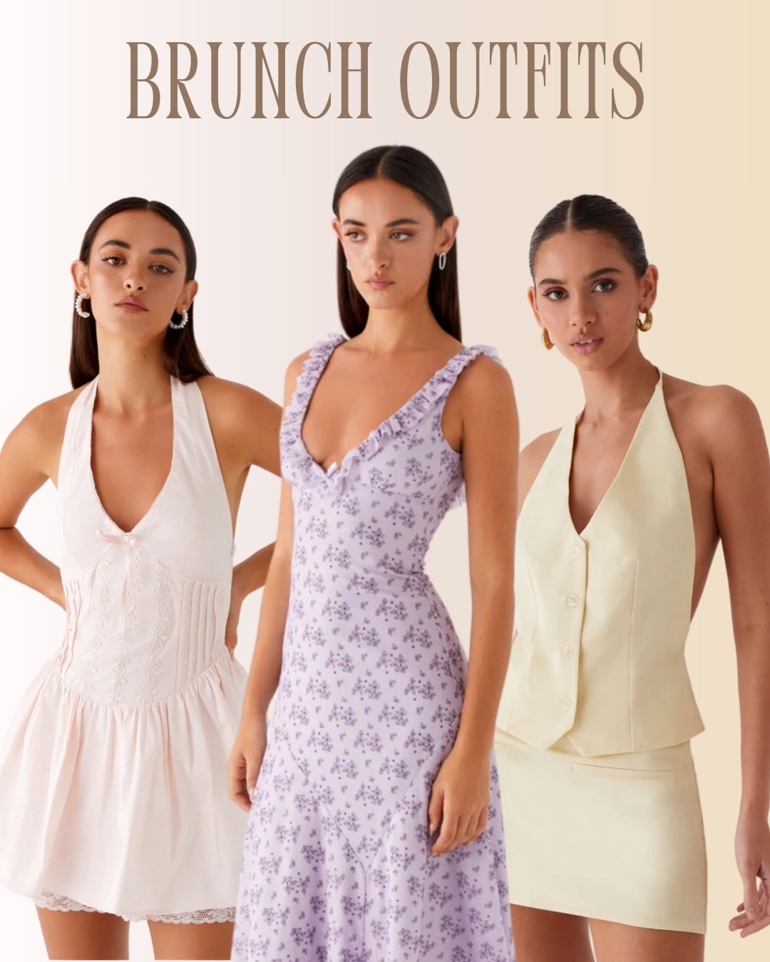 These brunch outfits are perfect for spring and summer styling, featuring soft pastels and feminine silhouettes. The white halter mini dress brings a romantic touch with lace detailing, while the lilac floral midi dress offers a breezy, flattering fit with ruffle accents. For a chic and modern vibe, the pale yellow vest top and matching mini skirt set is a must-have look—ideal for your next daytime outing.
brunch outfit, spring fashion, summer style, pastel outfit, floral dress, matching set, feminine look.

#LTKTravel #LTKSeasonal