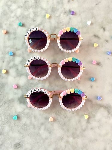 Personalized Pink Round Sunglasses with Rainbow Hearts | Strand.Up