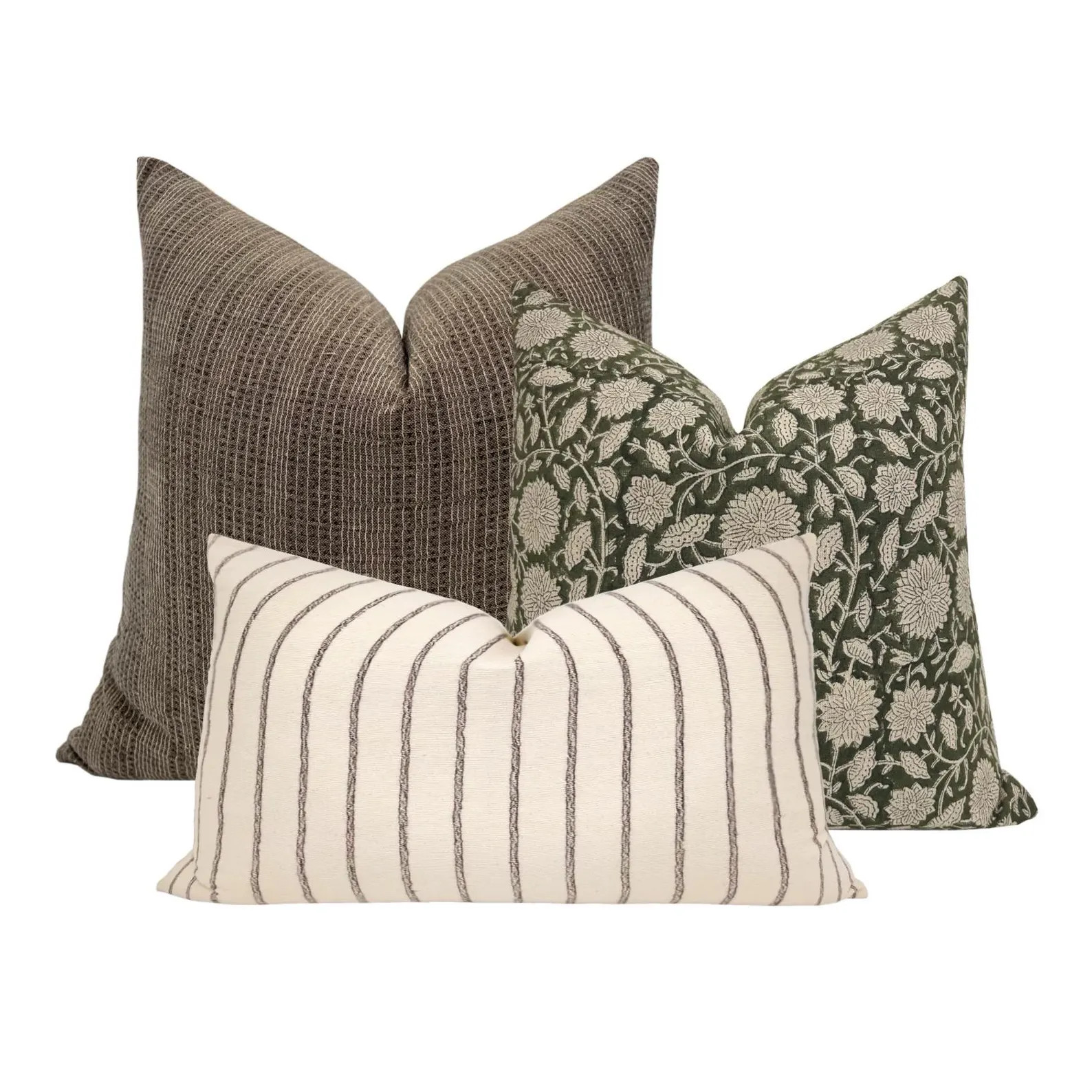 PILLOW COMBO || Set Of Three Designer Pillow Covers, Dark Brown Striped Pillow, Green Floral Line... | Etsy (US)