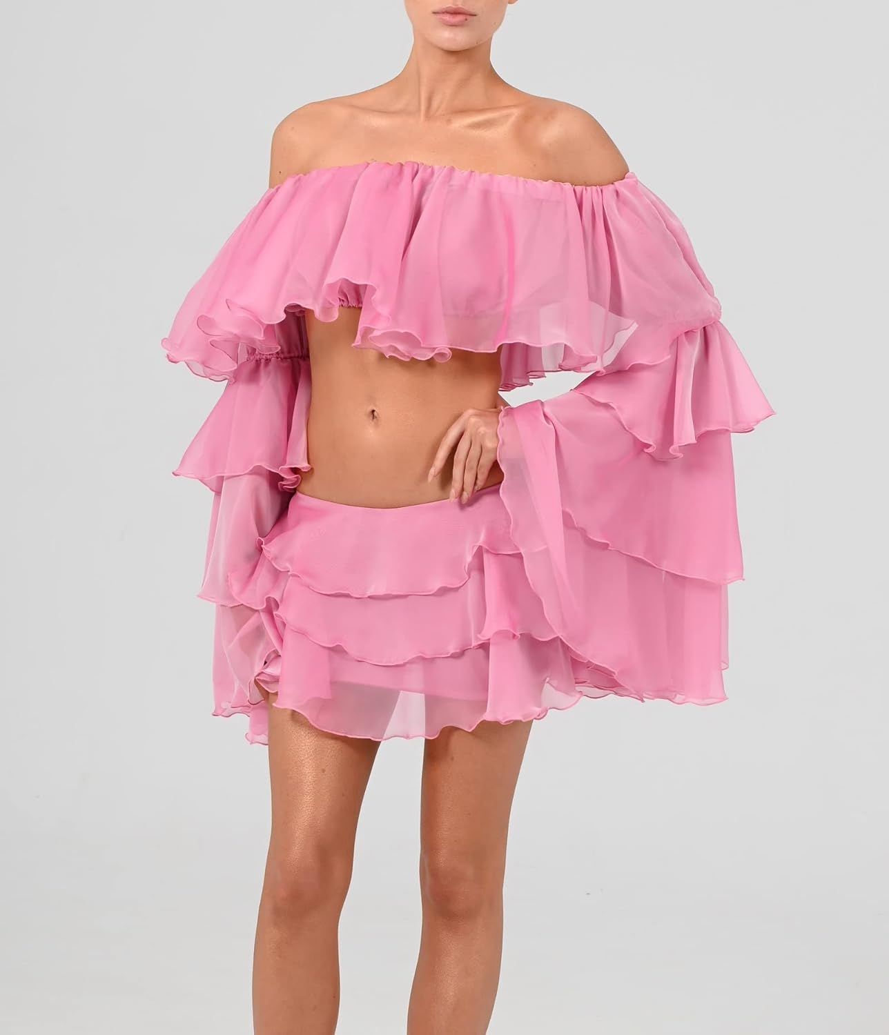 Women Y2K Ruffle 2 Piece Skirt Set Off Shoulder Sheer Mesh Tube Top Fringed Irregular Skirts Outf... | Amazon (US)