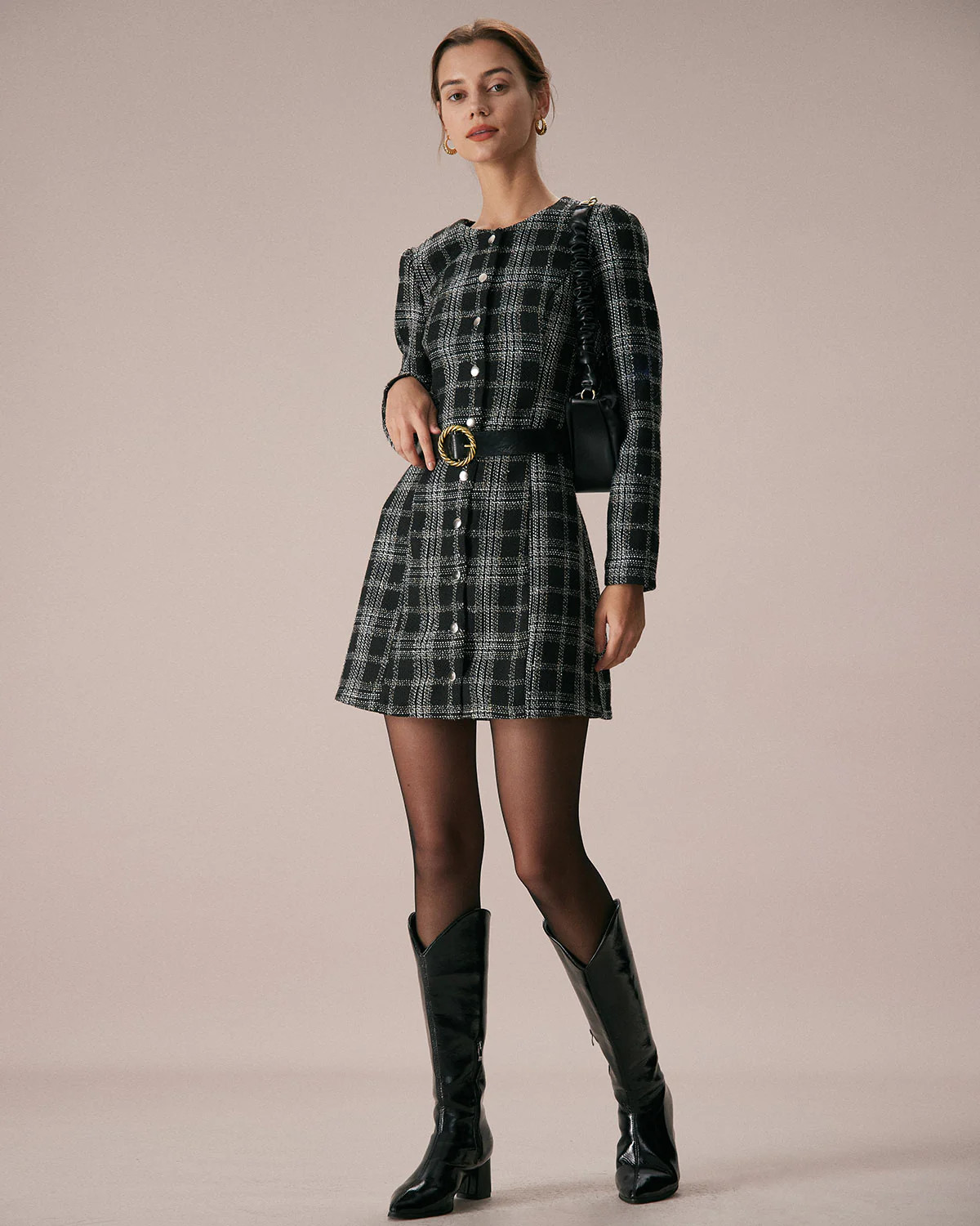 The Black Crew Neck Plaid A-Line Mini Dress & Reviews - Black - Dresses | RIHOAS | rihoas.com