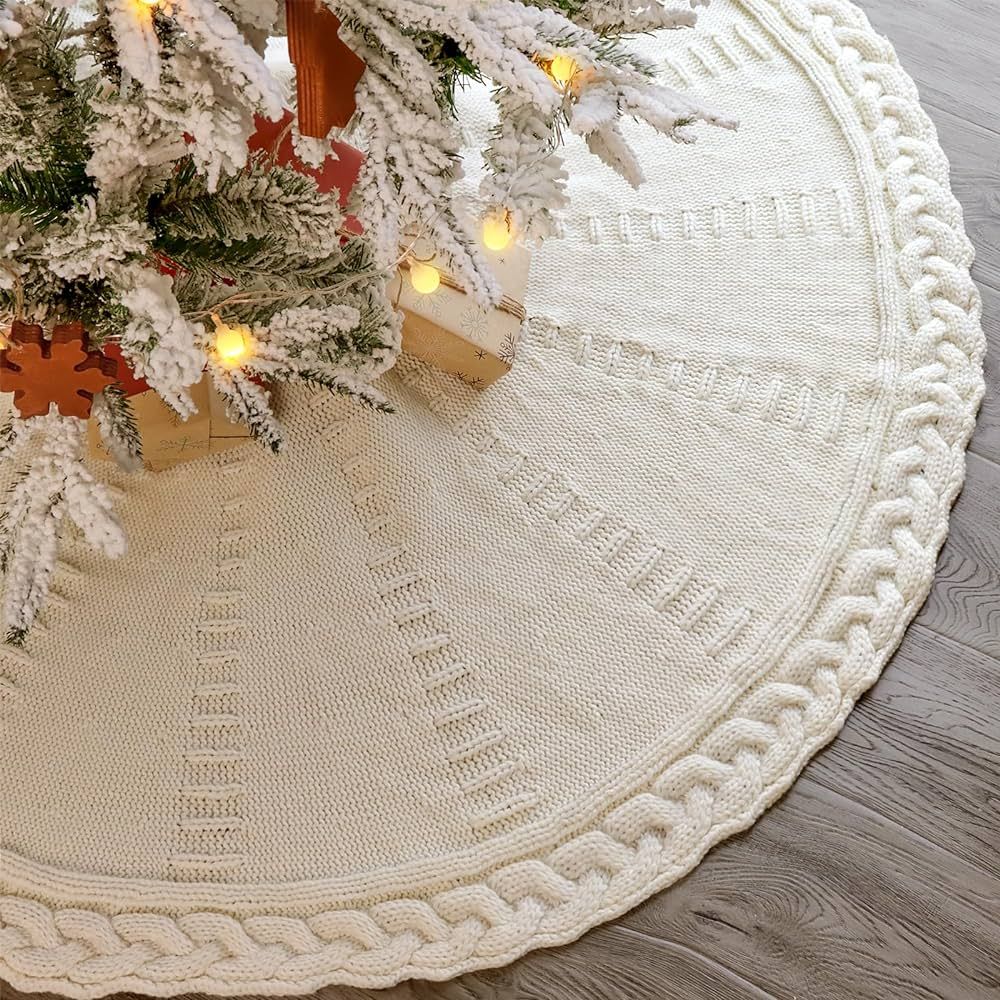 LimBridge Knitted Christmas Tree Skirt: 48 Inches Cream White Tree Skirt, Braided Cable Knit Thic... | Amazon (US)