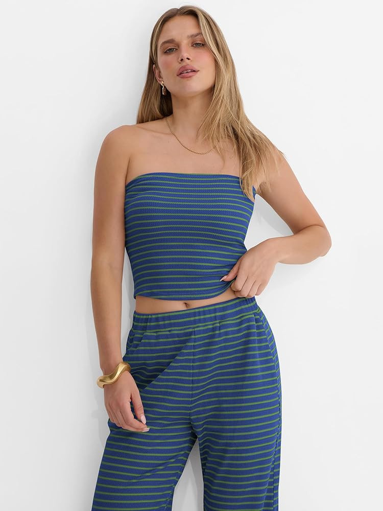 ANRABESS Women 2 Piece Sets Summer Striped Outfits Matching Tube Top Wide Leg Lounge Pants 2026 T... | Amazon (US)
