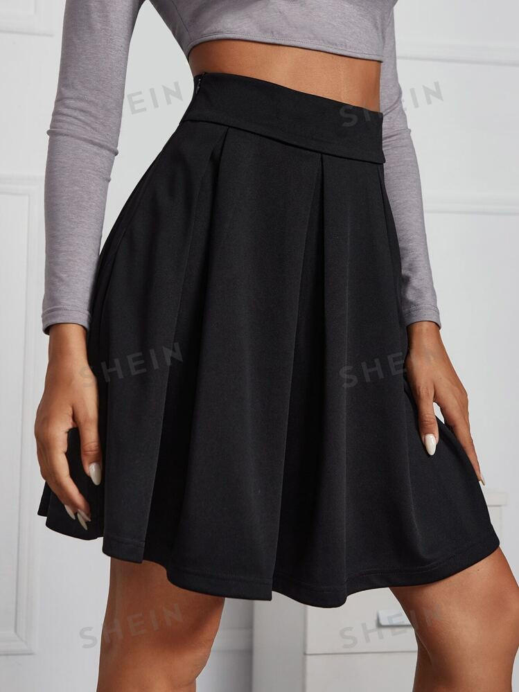 SHEIN Frenchy Zipper Side Solid Pleated Skirt,Ladies Casual Zipper Short Loose High Waist Black P... | SHEIN