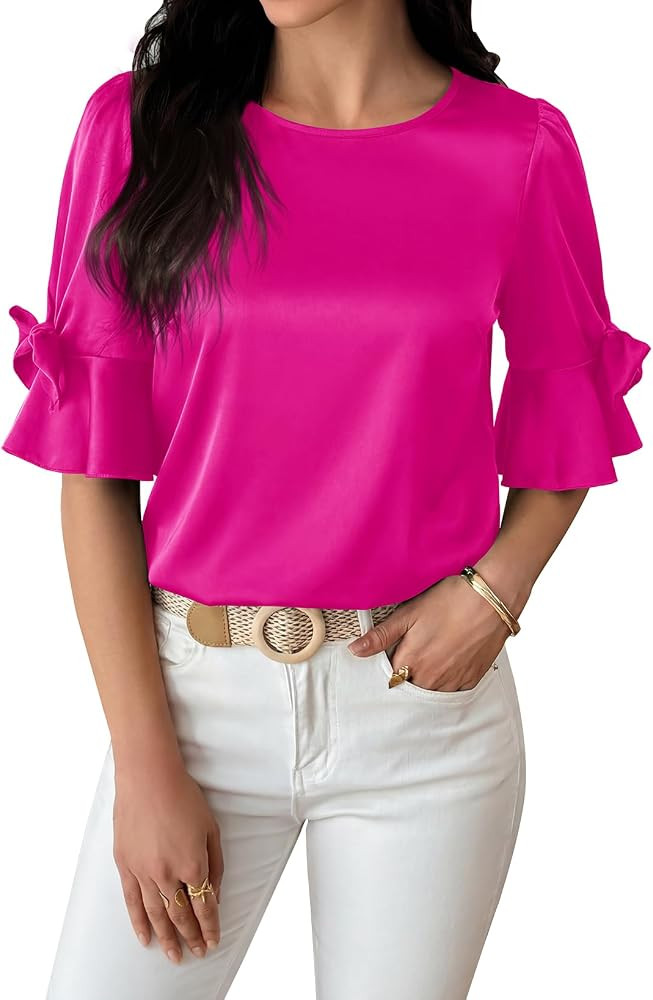 Falechay Womens Summer Silk Satin Round Neck Half Sleeve Bow Casual Tops | Amazon (US)
