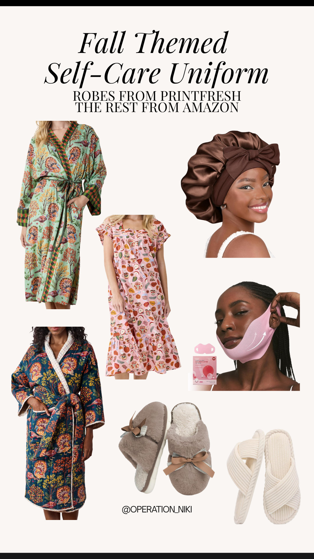 As the crisp autumn weather settles in, getting ready for bed in the coziest loungewear makes chilly fall evenings feel so luxurious! 🍂✨

This lineup features my top nighttime uniform picks for the season: gorgeous patterned loungewear robes from Printfresh (perfect for staying warm on crisp mornings), an adorable autumn motif nightgown, a luxurious brown satin sleep bonnet with a bow, a firming pink V-line lifting face mask for your skincare routine, and the softest fuzzy bow slippers and white textured cross-band slides to keep your feet toasty.

Shop all my favorite cozy season self-care finds linked below! 🛒

Follow for more @OPERATION_NIKI on IG, TikTok, & Facebook

#FallAesthetic #SelfCareRoutine #Printfresh #AmazonFinds #OperationNiki #CozySeason #Loungewear #AutumnVibes #NighttimeRoutine #ShoppingHaul

 

 #LTKselfcare #LTKMidsize #LTKPlusSize