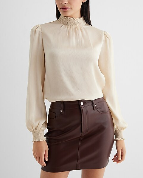Textured Satin Smocked Mock Neck Long Sleeve Top | Express