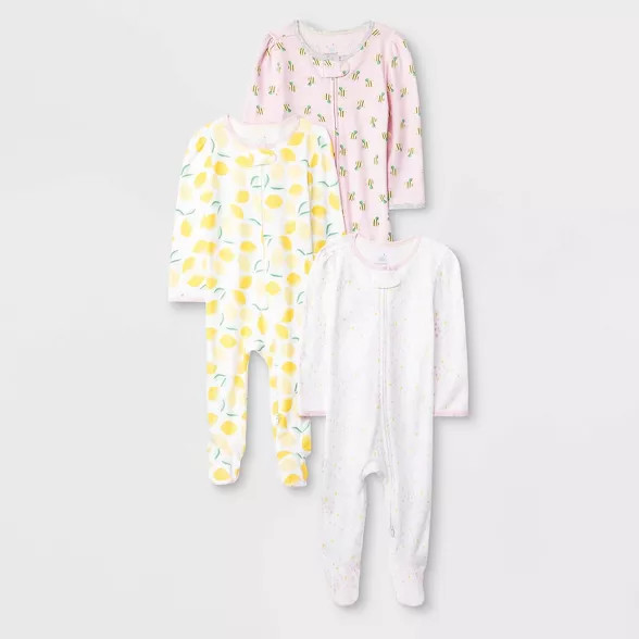 Baby Girls' 3pk Oh Honeybee Zip Sleep N' Play Pajama - Cloud Island™ Pink/Yellow/Light Pink | Target