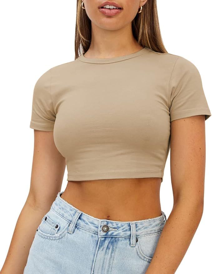 WYNNQUE Womens Crop Tops Cute Summer Scoop Neck Basic Tees Slim Fit Trendy Short Sleeve T Shirts ... | Amazon (US)