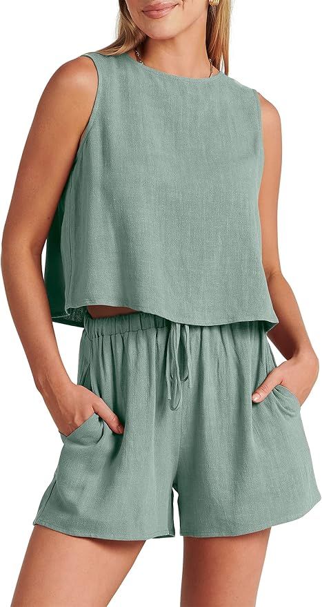 ANRABESS Women’s Summer 2 Piece Linen Shorts Sets Sleeveless Crop Top Romper Lounge Set 2024 Tr... | Amazon (US)