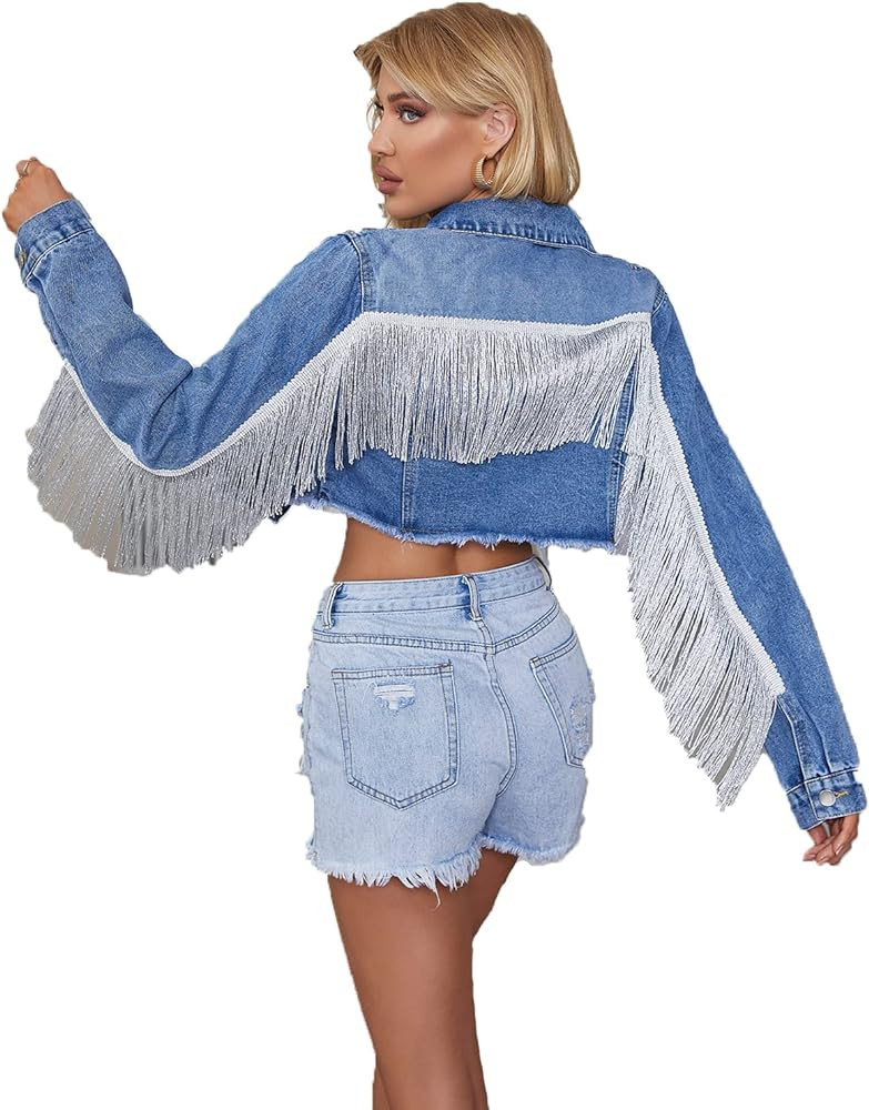 Women’s Crop Denim Jacket Tassel Casual Jean Coat With Fringe | Amazon (US)