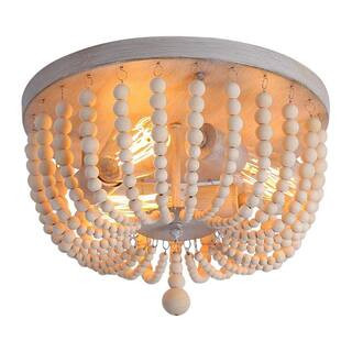 YANSUN 3-Light Boho Farmhouse Drum Flush Mount Ceiling Light Fixture Wood Beaded Chandelier for H... | The Home Depot