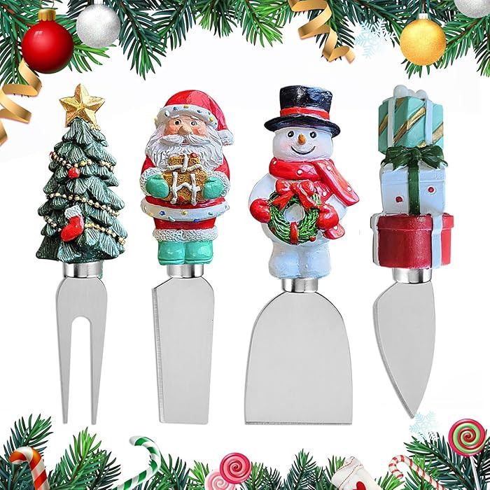 4-Piece Hand Christmas Resin Handles Cheese Knives, Xmas Charm Cheese Spreader Knife for Charcute... | Amazon (US)