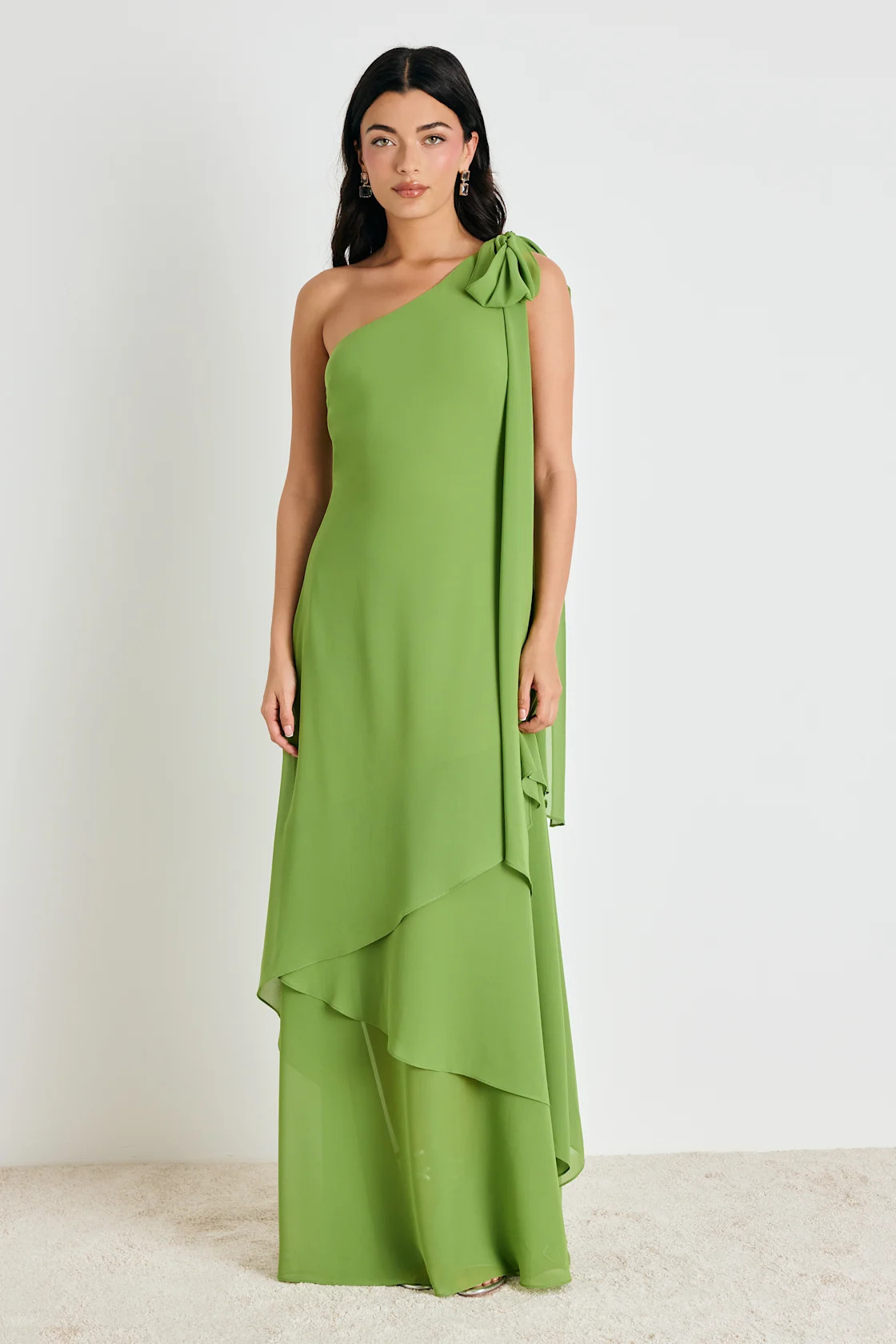 Camellia Bright Green One-Shoulder Bow Maxi Dress | Lulus