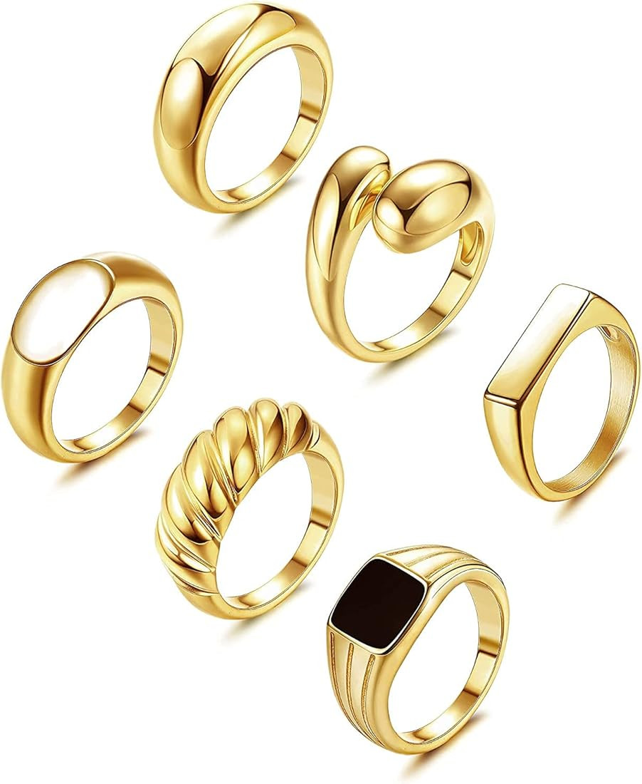 Thunaraz 6Pcs Thick Chunky Dome Rings for Women 14k Gold Plated Ring Round Braided Twisted Signet... | Amazon (CA)