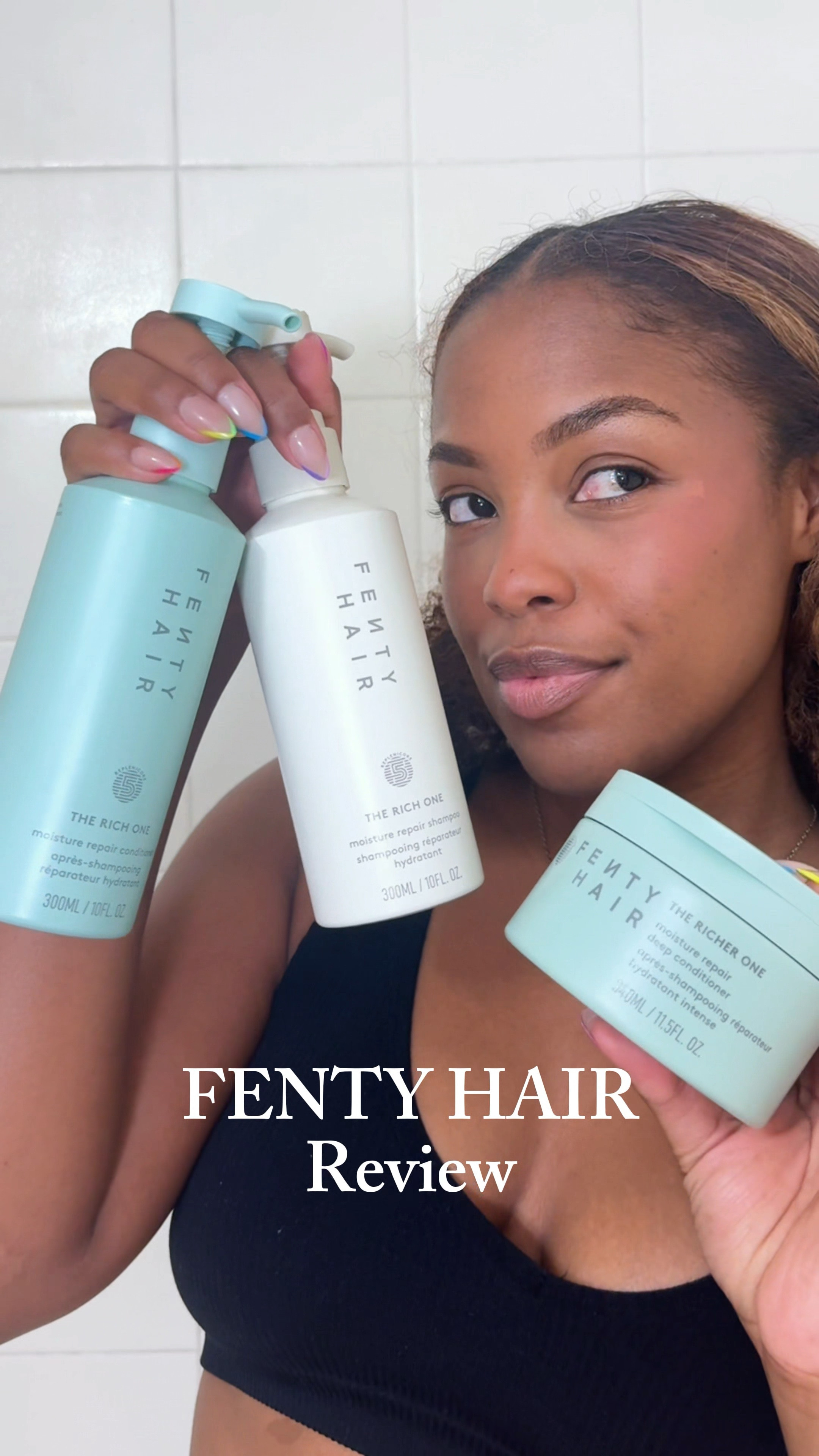 Full review of the new goodies from Fenty Hair below. Thanks again for sending these over to try 🤍🤍

The Rich One shampoo- I loved that lather on this shampoo. My hair felt super clean but still hydrated after using it 9/10

The Rich One conditioner- SUPER good slip and my hair absorbed it right away 9/10

The Richer One deep conditioner- my curls were so juicy and plump after using it. I don't normally use conditioner and deep conditioner, so my hair was already pretty hydrated before using the conditioner. I want to try using it alone, but I still enjoyed it.

The Homecurl cream- This was my FAVORITE product in the line. It gave me so much definition, but my curls were still soft. There wasn't a crunch, but I still got a 5/6 days out of it. 10/10

The Gelly Type gel- As I mentioned, you're not meant to use it like this lol. It took a lot of product to even coat my curls and I could tell it would be frizzy before it even dried.
I'm interested to try it out to slick my hair back though 5/10

The Controlling Type edge control- this allowed really nicely and did hold my edges all day. But if I touched them or anything I could tell they would get messy 7/10
