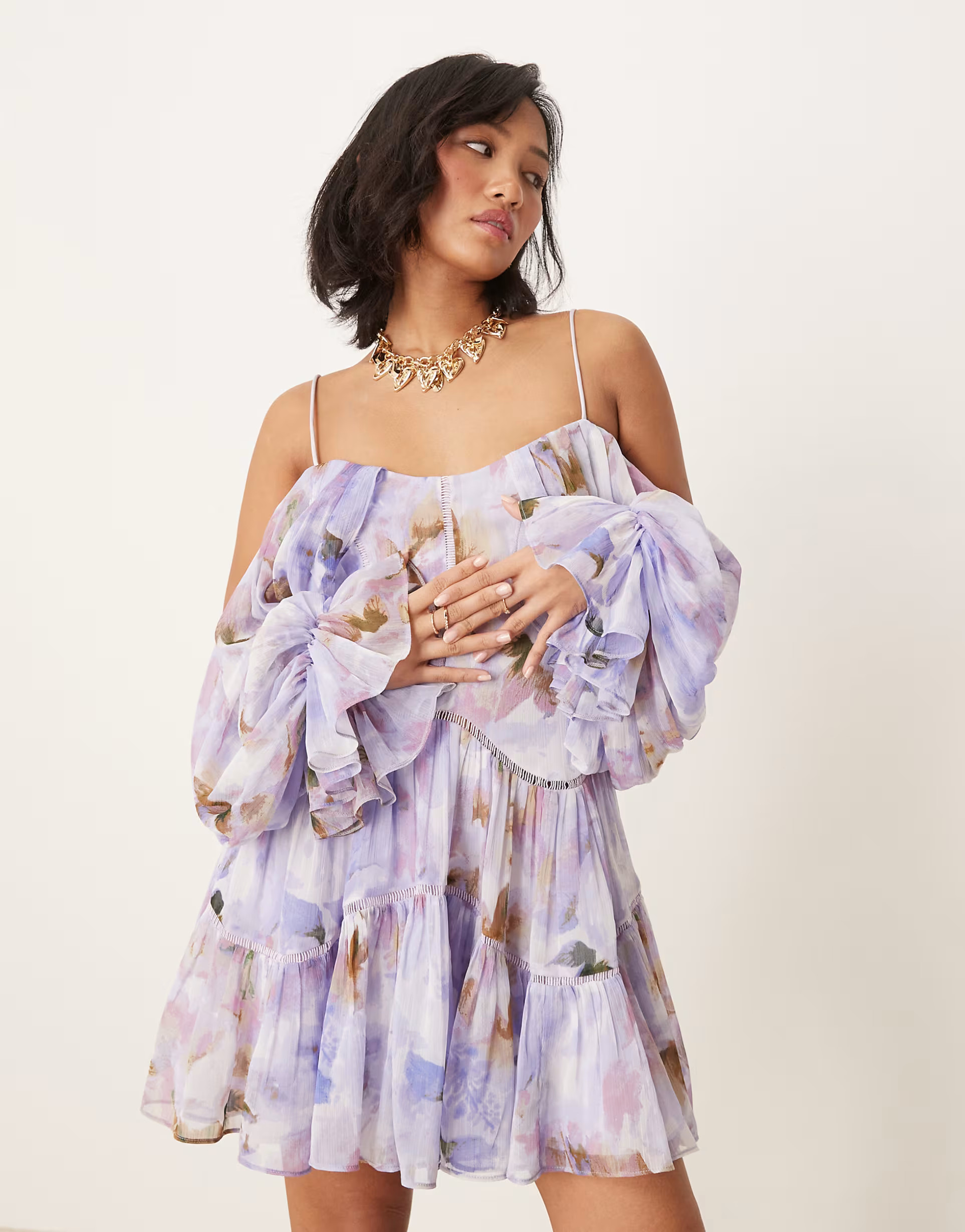 ASOS DESIGN Petite draped off shoulder tiered mini dress with lace inserts in blurred abstract | ASOS (Global)