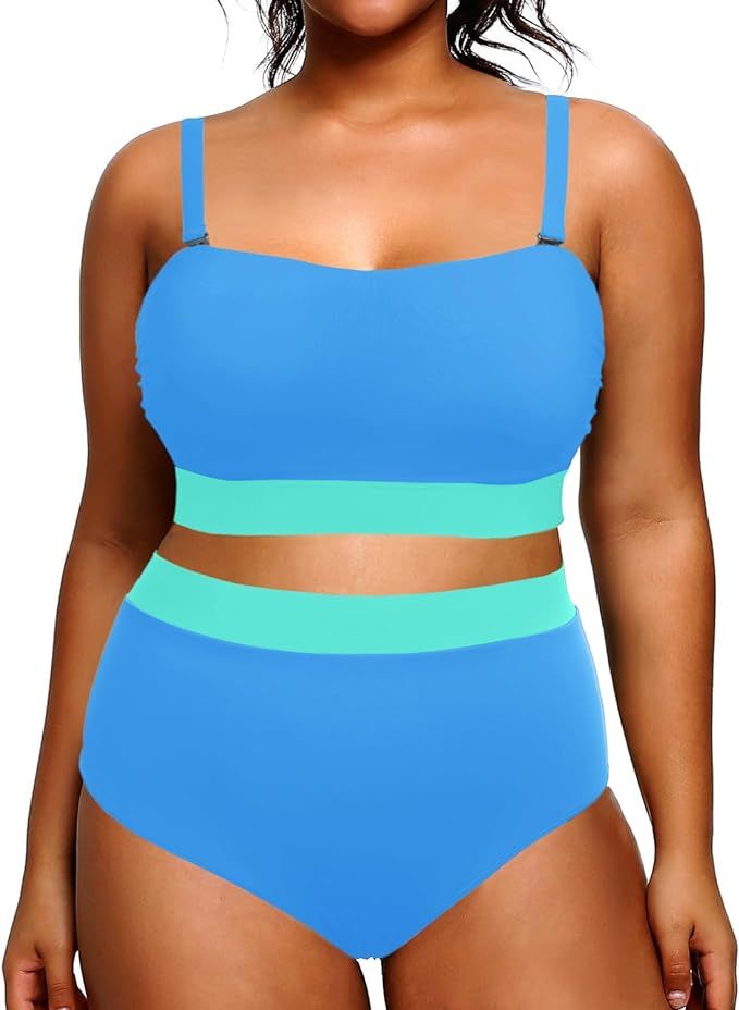 Tempt Me Women Plus Size High Waisted Bikini Bandeau Two Piece Swimsuit | Amazon (US)