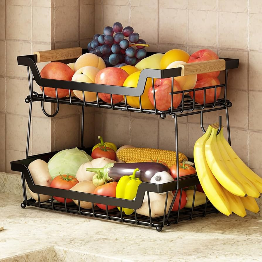 GILLAS 2 Tier Countertop Fruit Basket with 2 Banana Hangers for Kitchen, Detachable Metal Organiz... | Amazon (US)