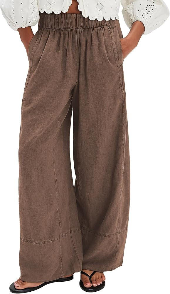 Linen Pants for Women Cotton Elastic Waist Boho Palazzo Wide Leg Pants Beach Vacation Casual Trou... | Amazon (US)