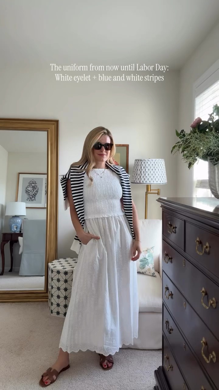 Summer uniform activated! Comment STRIPES for details. My go-to: crisp white eyelet or linen and blue and white stripes. Timeless! #classicstyle #grandmillenialstyle #summerstyle☀️ #over30style Gifted from Vineyard Vines + Hill House