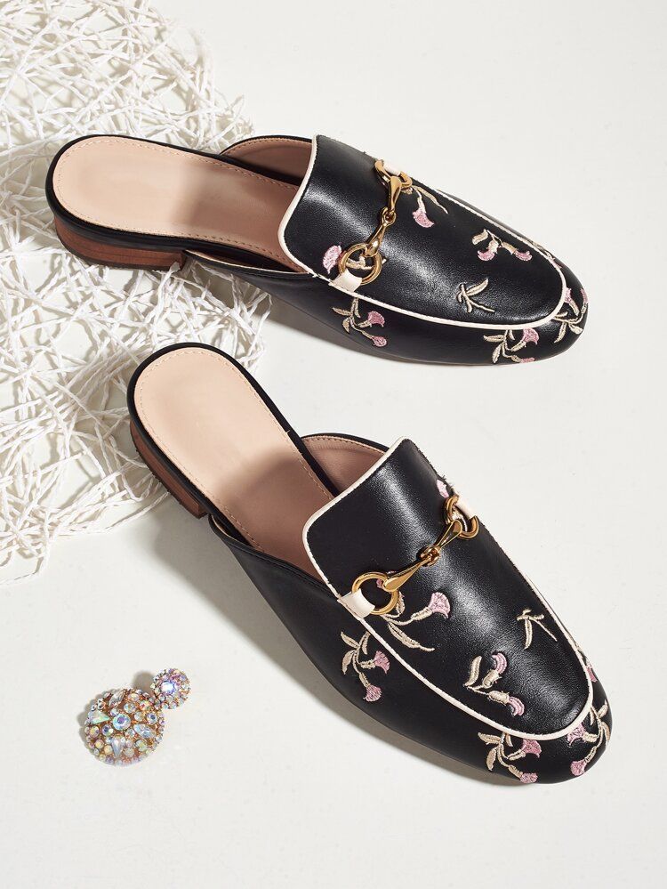 Floral Embroidery Loafer Mules | SHEIN