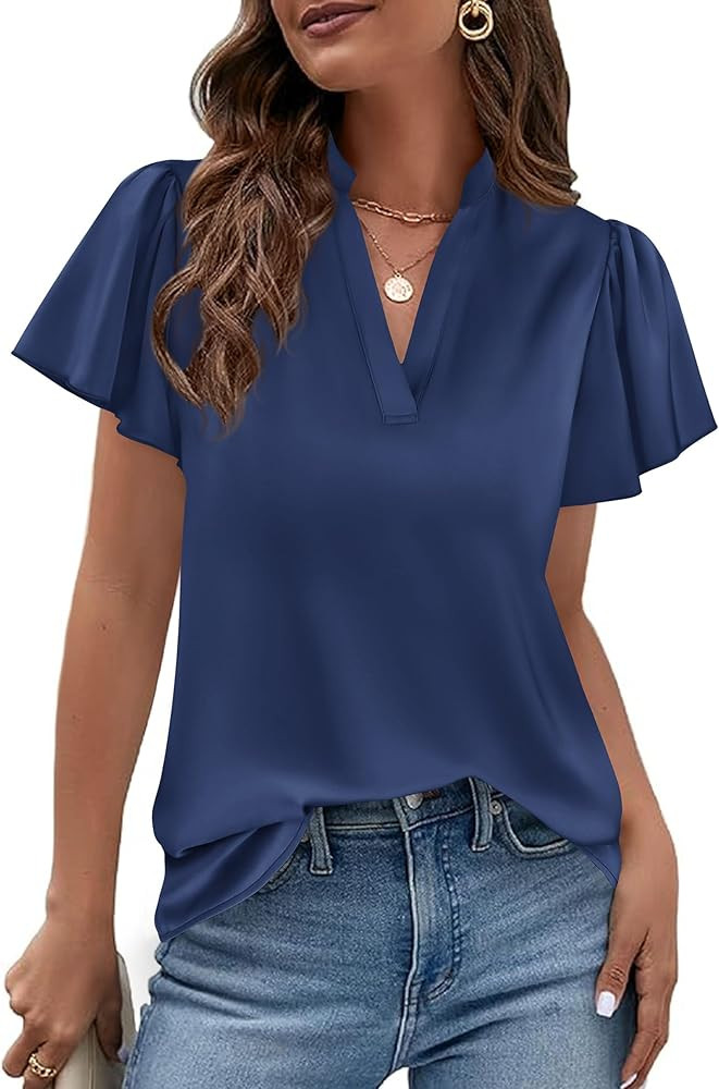 PRETTYGARDEN Women's 2026 Summer Satin Blouses Dressy Casual Ruffle Cap Sleeve V Neck Business Wo... | Amazon (US)