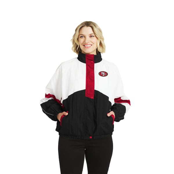 San Francisco 49ers WEAR by Erin Andrews Women's Crinkle Full-Snap Hooded Windbreaker Jacket - White/Black | Fanatics