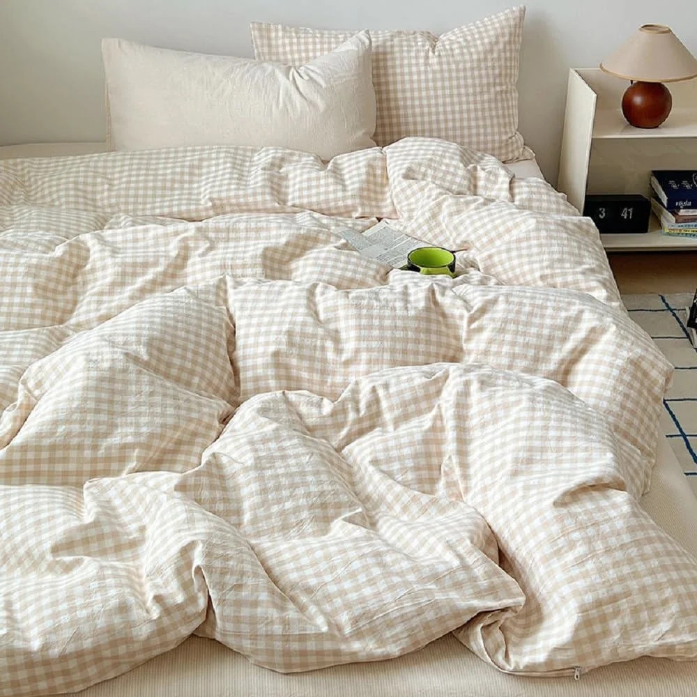 2 Pieces Boho Beige Plaid Bedding Set Blue Grid Duvet Cover with Zipper Ties 100% Washed Microfib... | Walmart (US)