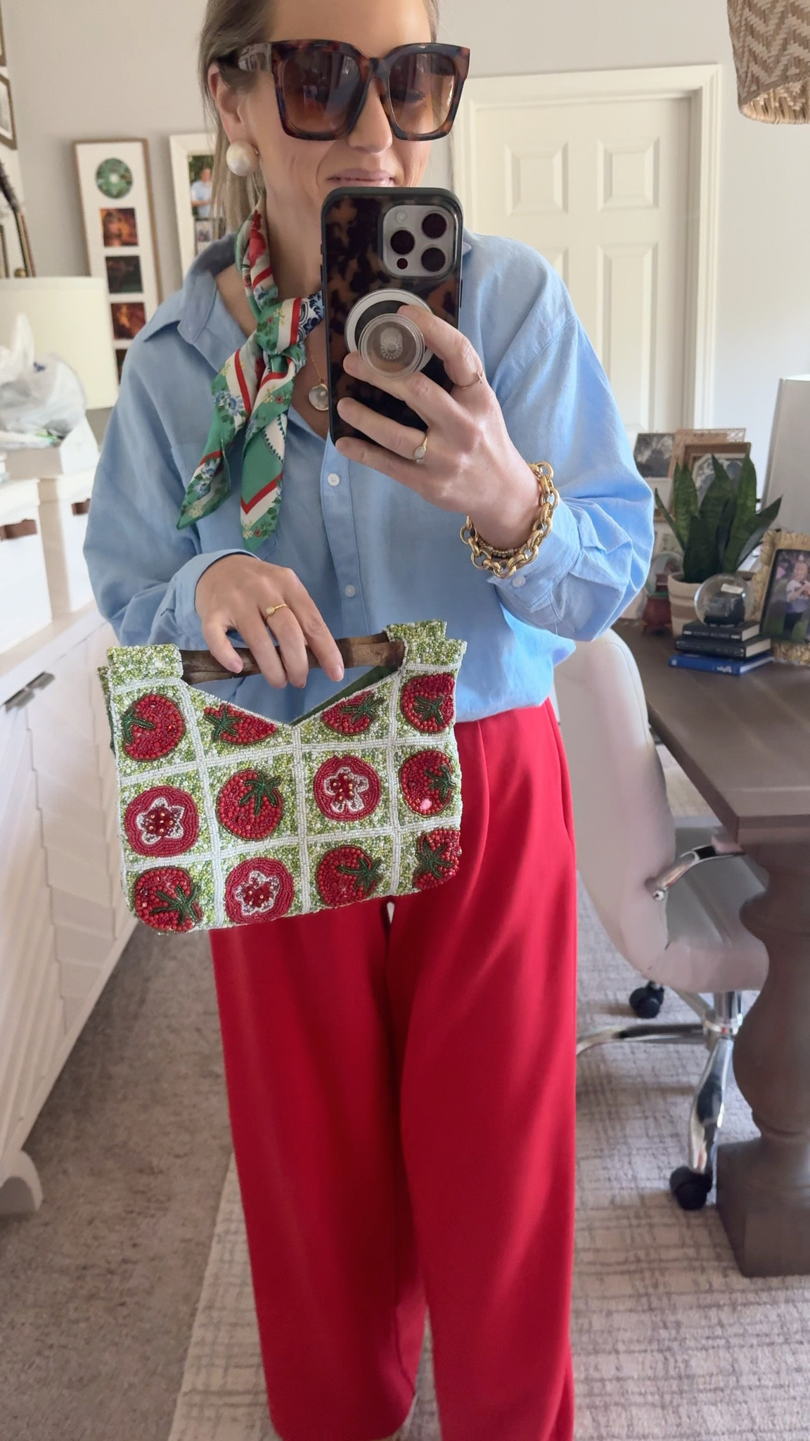 Guys, the tomatoes made their way to church! Kitschy beaded bags are the vibe. Church outfit silk neck scarf preppy style 

#LTKWorkwear #LTKOver40 #LTKootd