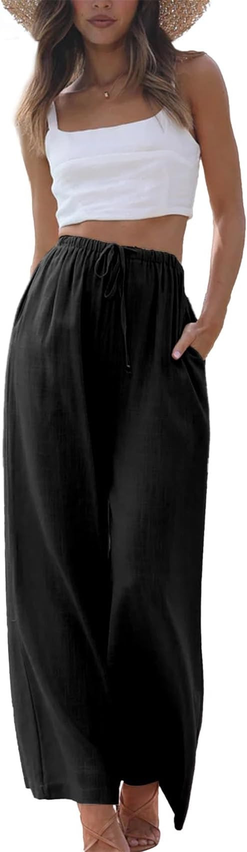 Duyang Womens Cotton Linen Palazzo Pants Drawstring Elastic Waist Casual Wide Leg Trousers with P... | Amazon (US)