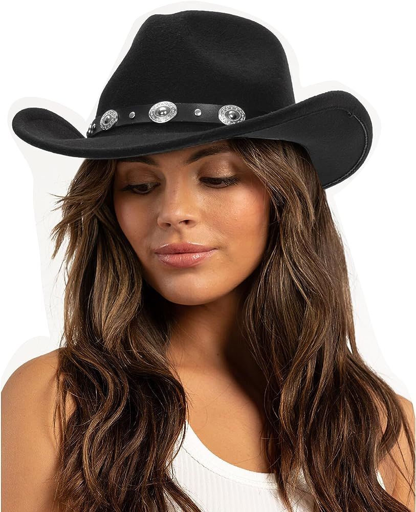 Women & Men Felt Western Cowboy Hat Classic Roll Up Brim Belt Buckle Cowgirl Fedora | Amazon (US)