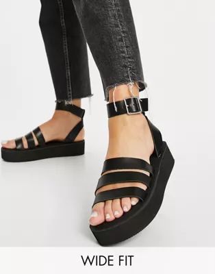 ASOS DESIGN Wide Fit Friendly chunky flatform sandals in black | ASOS (Global)