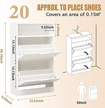 KUMIUNION Shoe Cabinet, White Narrow Shoe Cabinet with 2 Flip Doors & Adjustable Shelf, Modern Shoe  | Amazon (US)